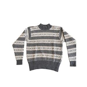 Liz Claiborne Vintage Fair Isle Mock Neck Sweater Grey Angora Wool Blend M